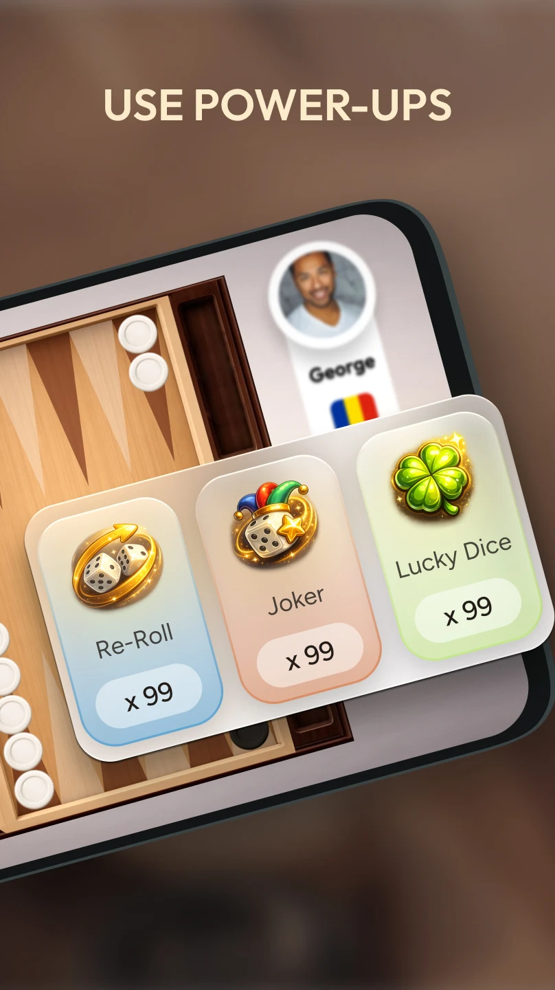Online tavla uygulamasında Re-Roll, Joker ve Lucky Dice güçlendirmeleri